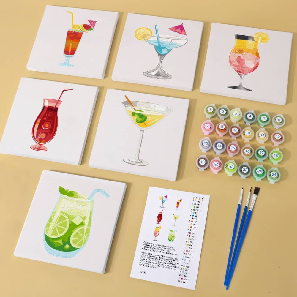 Mini Kunst DIY painting kit featuring cocktail designs with canvas, brushes, and paint pots for a fun and creative art project.