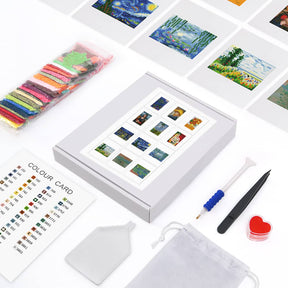 Mini Kunst diamond painting kit with color card, tools, and mini artwork samples, perfect for DIY art enthusiasts and craft lovers.