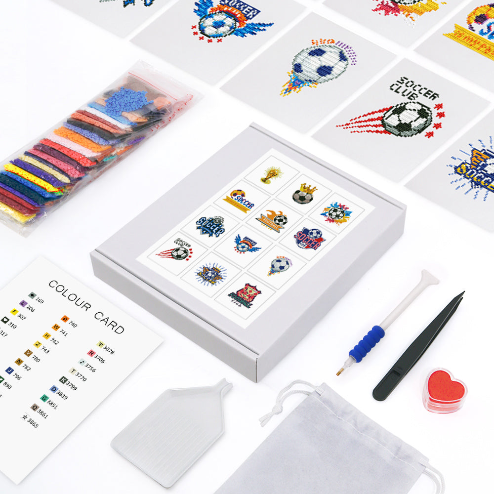 Mini Kunst diamond painting kit featuring colorful sports-themed designs, tools, and color guide for DIY craft projects.