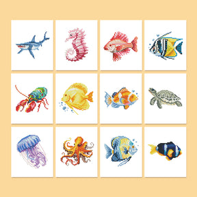 Diamond painting kit featuring colorful marine creatures including fish, seahorse, turtle, jellyfish, lobster, and octopus - Meeresbewohner Mini Kunst 12er SET.