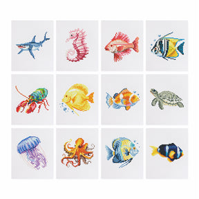 Meeresbewohner 12er SET Diamond Painting featuring mini Kunst designs of various sea creatures including fish, turtle, and jellyfish