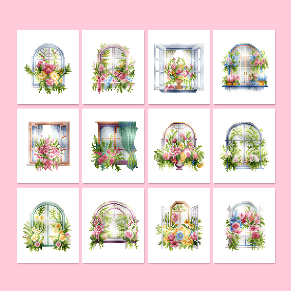 "FloraleFenster 12er SET Diamond Painting Mini Kunst featuring twelve floral window designs on a pink background"