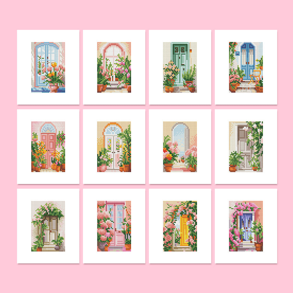 Willkommen Zwei 12er SET Diamond Painting Mini Kunst Collection - 12 Colorful Door Designs on Pink Background