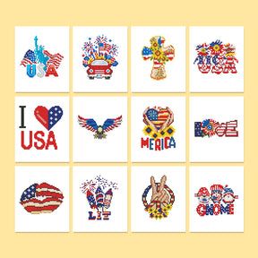 USA Edition 12er SET Diamond Painting with patriotic-themed mini artworks featuring American flags, eagles, and icons. Mini Kunst artistry.