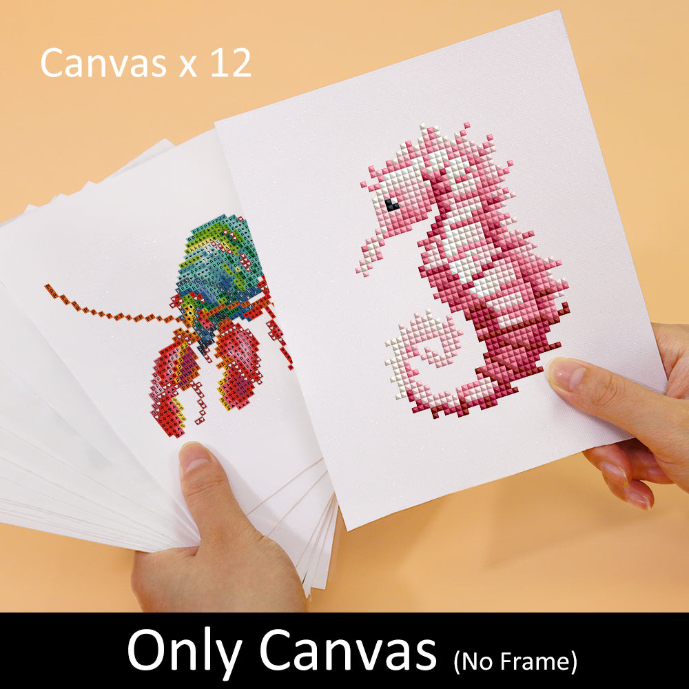 Set of 12 Meeresbewohner diamond paintings on canvas, featuring a pink seahorse and colorful sea creature, perfect mini art projects.