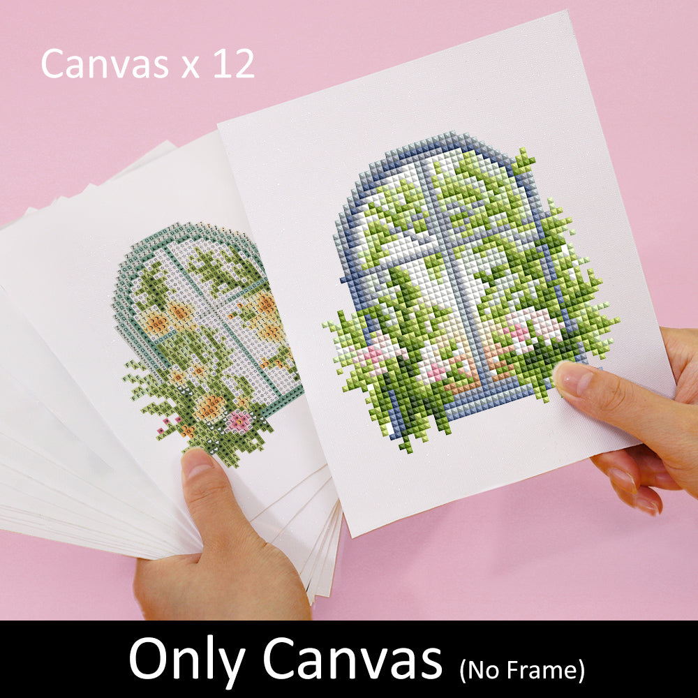 FloraleFenster 12er SET diamond painting canvases featuring floral window designs.