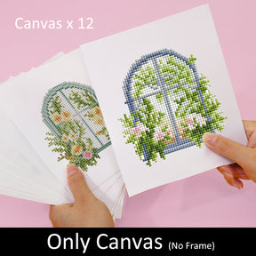 FloraleFenster 12er SET diamond painting canvases featuring floral window designs.