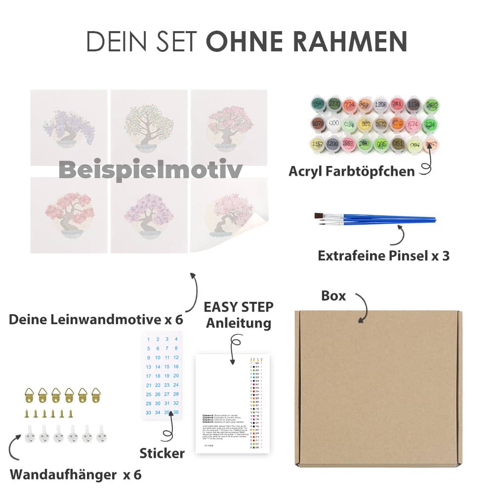 Herz Edition 6er SET Malen nach Zahlen ohne Rahmen; enthält Leinwandmotive, Acryl Farben, Pinsel, Anleitung, Sticker und Wandaufhänger.