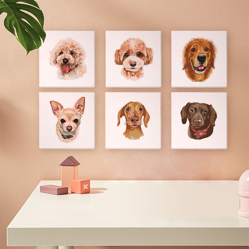 6er SET Hunde Edition Zwei Malen nach Zahlen Mini Kunst, Wandkunst mit Hundeporträts, moderne Wohnkultur