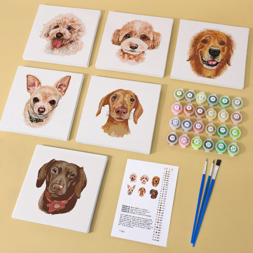 "Hunde Edition Zwei 6er SET - Malen nach Zahlen. Mini Kunst paint-by-numbers set featuring six dog-themed canvases, brushes, and paints"