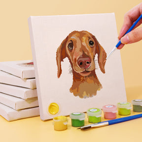 Painting of a dog's portrait on canvas with mini art supplies from the Hunde Edition Zwei 6er SET - Malen nach Zahlen.