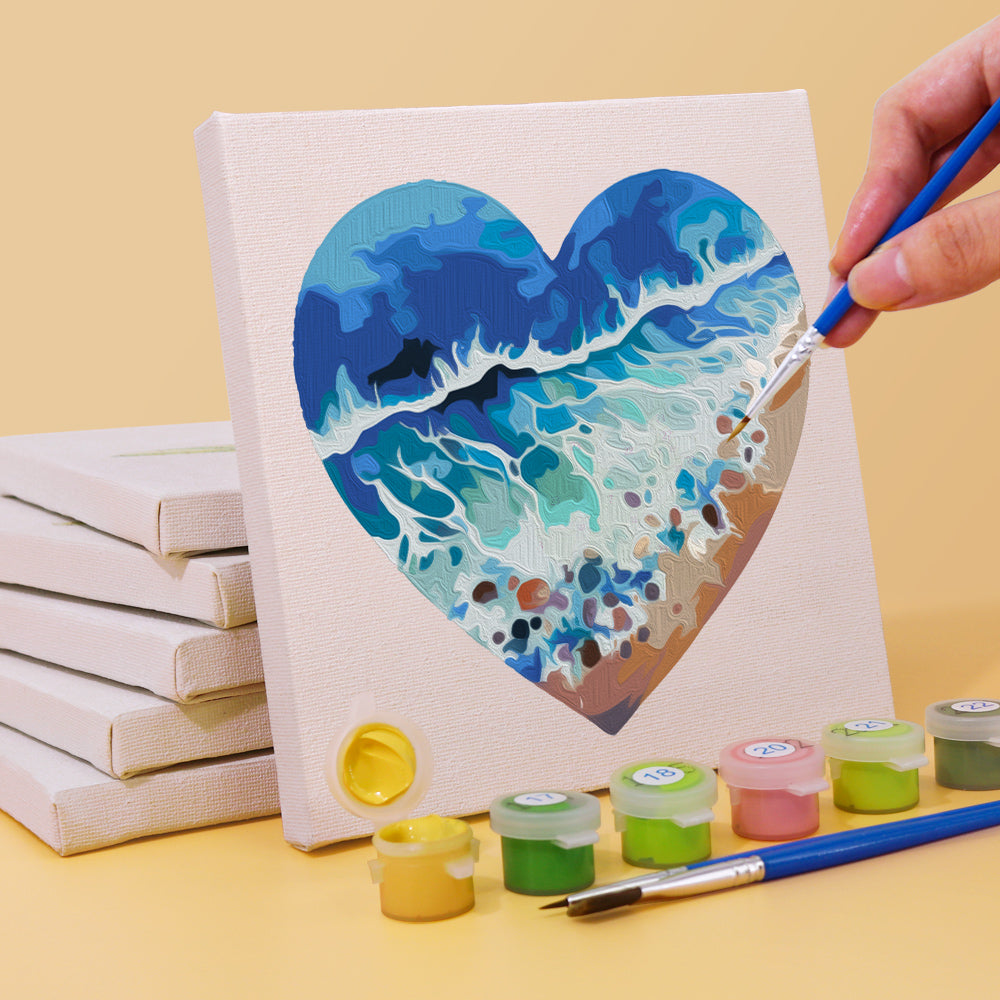 Painting heart-shaped ocean wave canvas with paint by numbers set, titled Herz Edition 6er SET - Malen nach Zahlen, Mini Kunst.