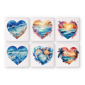 Herz Edition 6er SET - Malen nach Zahlen Mini Kunst. Six heart-shaped artworks featuring various ocean and beach scenes.