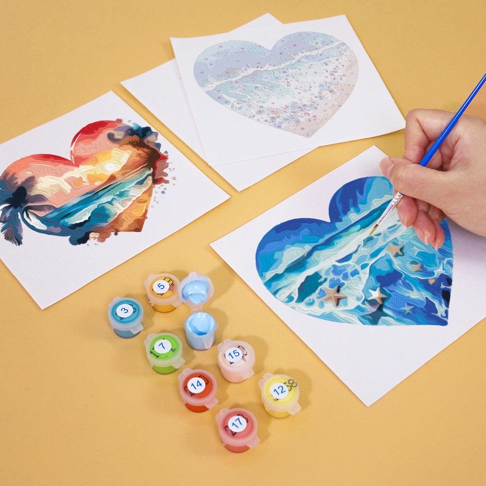 Herz Edition 6er SET - Malen nach Zahlen with hand painting heart-shaped designs, mini paint containers and brushes for Mini Kunst artwork