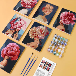 Blumenhaar Edition 6er SET - Malen nach Zahlen Mini Kunst mit Pinseln, Farben und Leinwänden, Blumenbild-Kollektion zum Selbermalen.