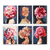 Six art pieces featuring women with flower heads, part of Blumenhaar Edition 6er SET - Malen nach Zahlen, Mini Kunst collection.