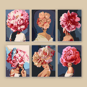 Blumenhaar Edition 6er SET - Malen nach Zahlen, Mini Kunst, six paintings of women with elaborate flower headpieces