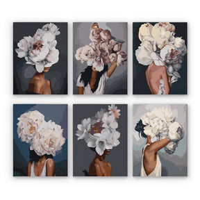 Six paintings of women with flower-covered hair from Blumenhaar Edition Zwei 6er SET - Malen nach Zahlen, Mini Kunst collection