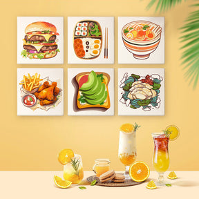 Küchen Edition Zwei 6er SET - Malen nach Zahlen, Mini Kunst. Six food-themed art canvases including burger, sushi, ramen, fries & chicken, avocado toast, and salad with drinks and fruits.