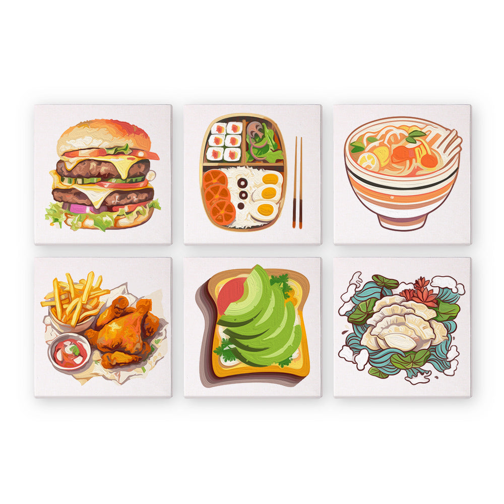 Küchen Edition Zwei 6er SET - Malen nach Zahlen; Mini Kunst mit Burger, Bento, Nudelsuppe, Pommes und Hähnchen, Avocado-Toast, Blumenkohl.