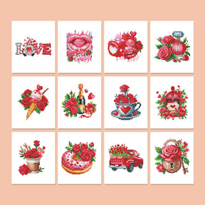 Love Edition 12er SET - Diamond Painting showcasing mini kunst with romantic designs including roses, hearts, and love elements on a peach background.