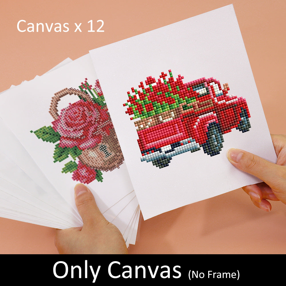 Love Edition 12er SET - Diamond Painting, Mini Kunst - Red truck and rose basket designs on canvas sheets