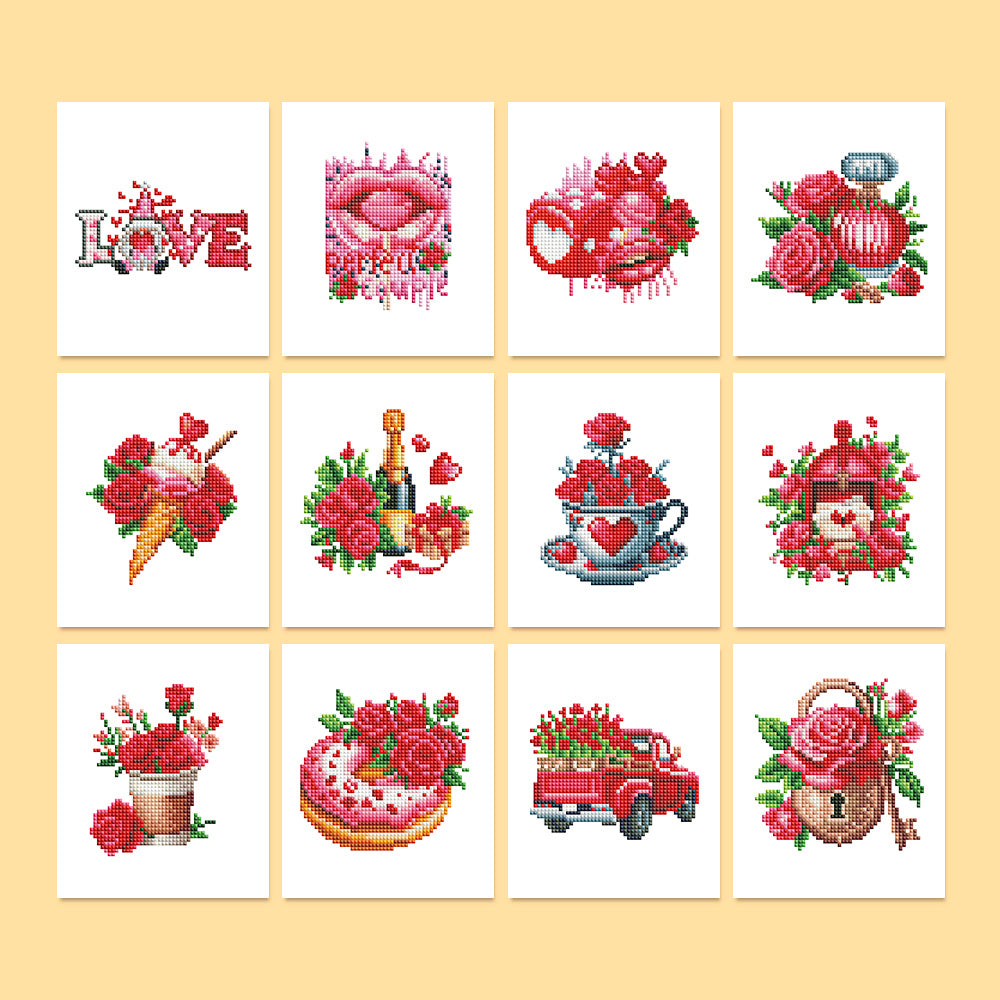 Love Edition 12er SET Diamond Painting - Mini Kunst featuring love-themed designs including roses, hearts, cupcakes, and more.