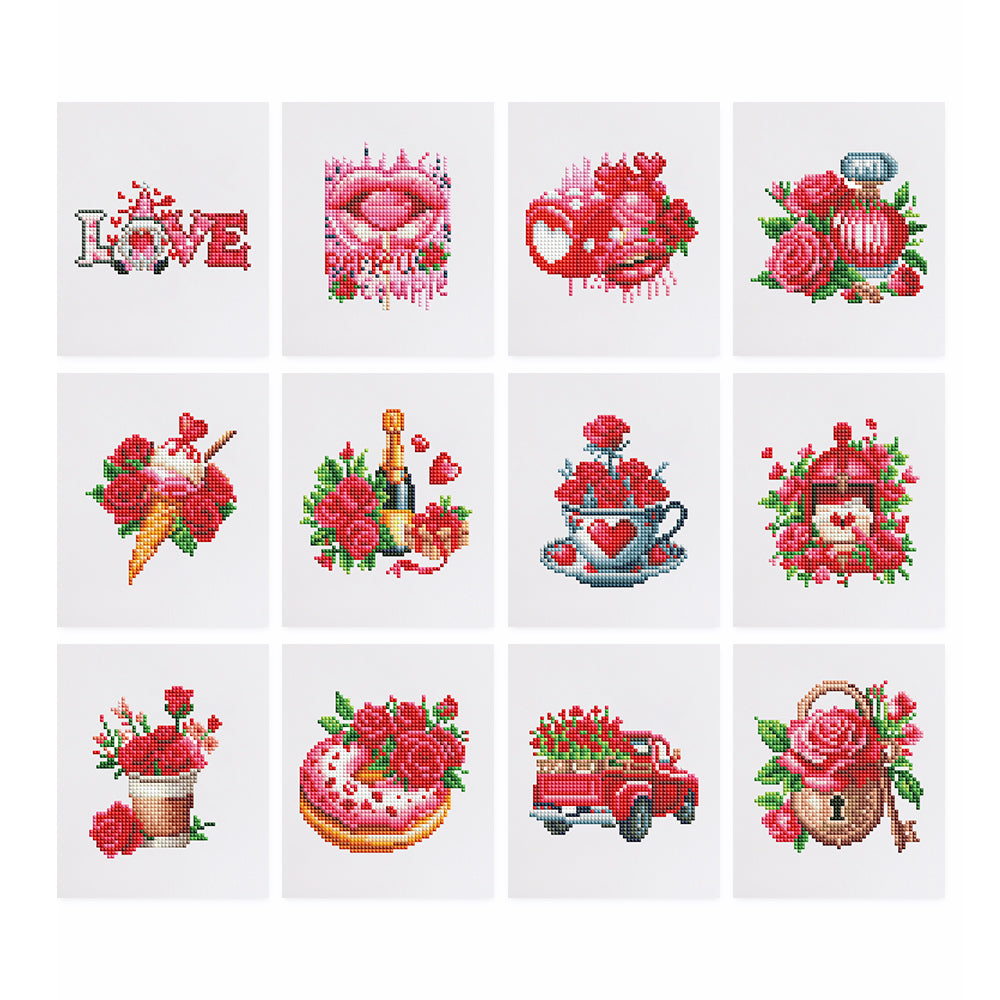 Love Edition 12er SET Diamond Painting - Colorful mini art designs featuring roses, hearts, and romantic-themed icons.