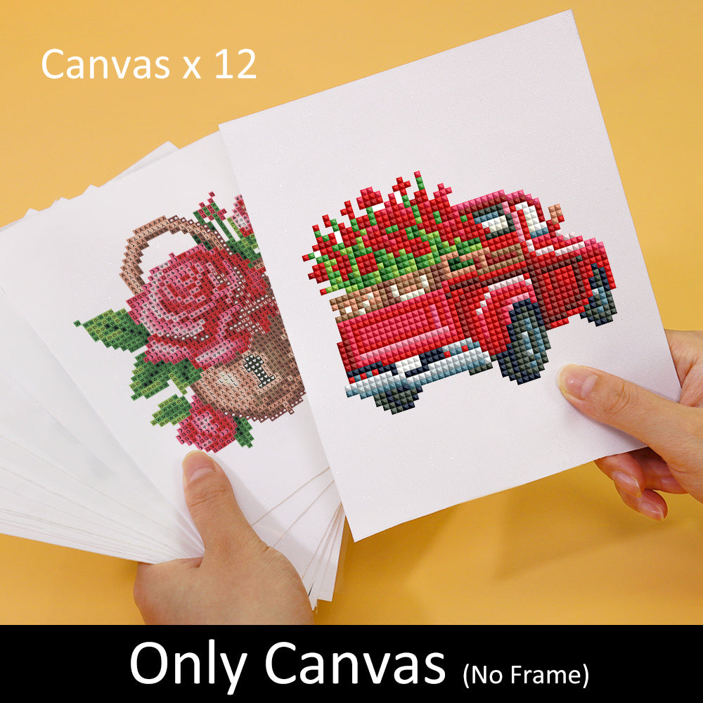 Love Edition 12er SET Diamond Painting Canvas - Red Truck and Roses - Only Canvas (No Frame) - Mini Kunst